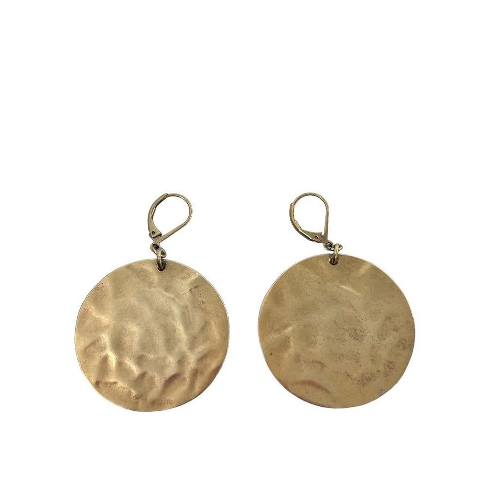 Signed KC Hammered Matte Goldtone Round Earrings Leverback Pierced Earrings